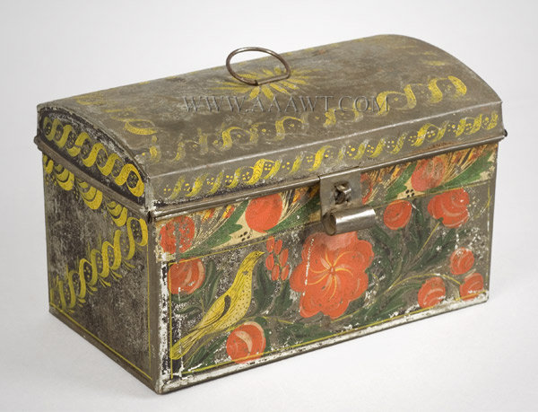 Antique Toleware Box, Painted Tin Trunk,
Paddle Tail Bird, 19th Century
Oliver Filley's Shop, Connecticut, 19th Century, angle view 1